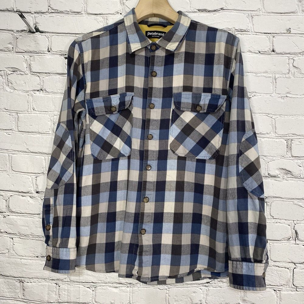 Betabrand Plaid Button Up Shirt Mens Size L Elbow Patch Flannel Outdoor Pockets‎